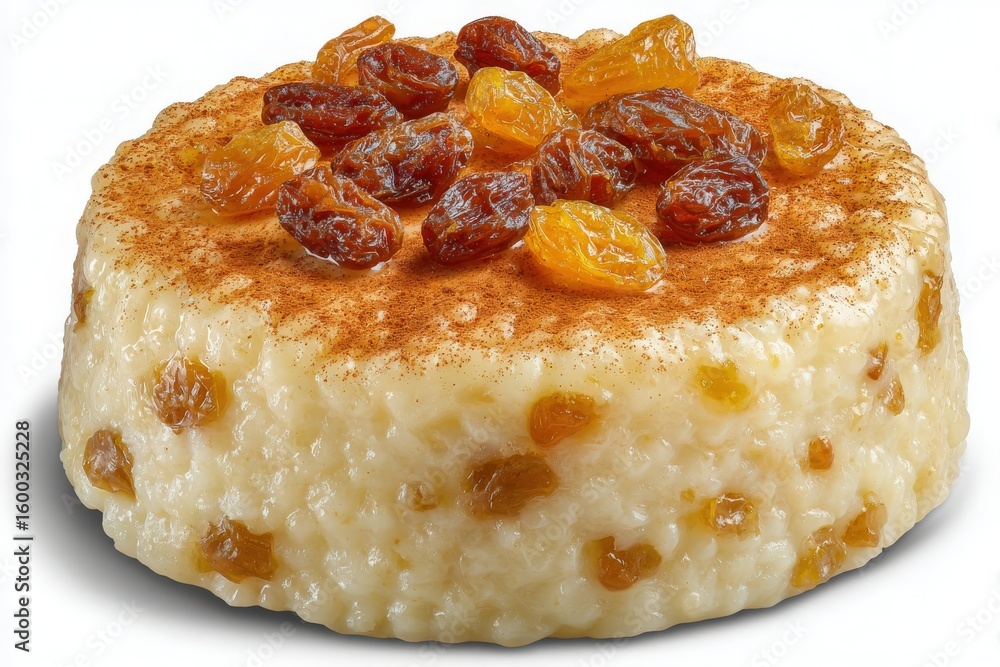 A creamy rice pudding sits on a plate, garnished with golden and dark raisins. Cinnamon dusts the top, enhancing the desserts inviting appearance during a festive celebration.