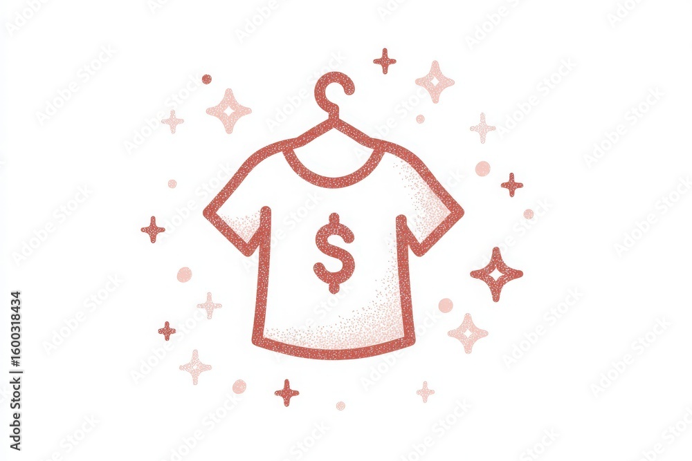 A creative illustration features a clothing hanger with a dollar sign on a shirt, surrounded by sparkling elements. The design conveys a playful touch to shopping or fashion themes.