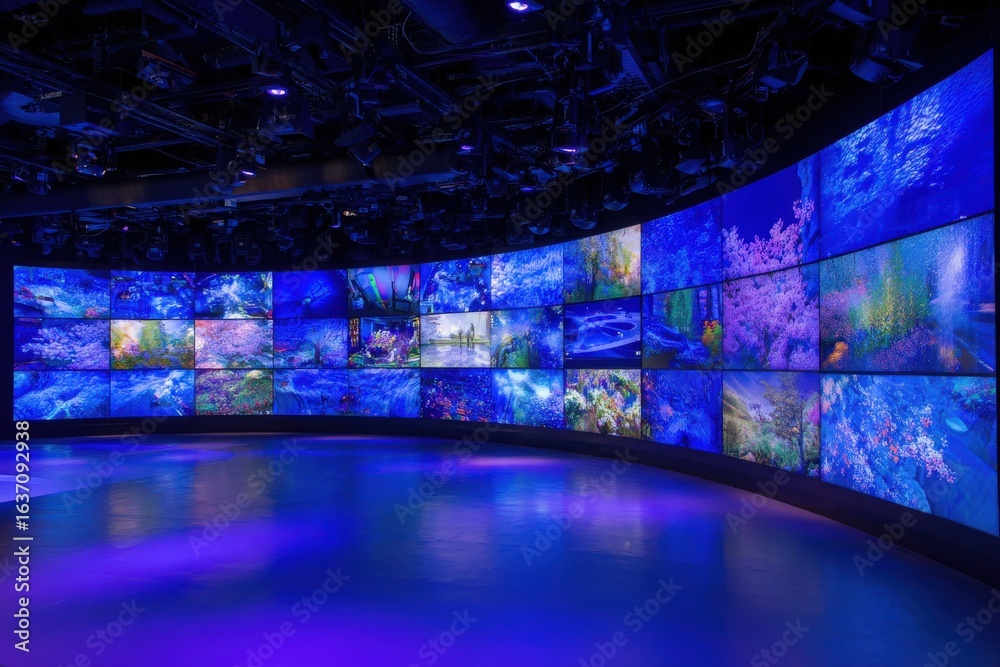 A curved wall of screens showcases vibrant blue underwater scenes featuring coral reefs, marine life, and various aquatic plants.