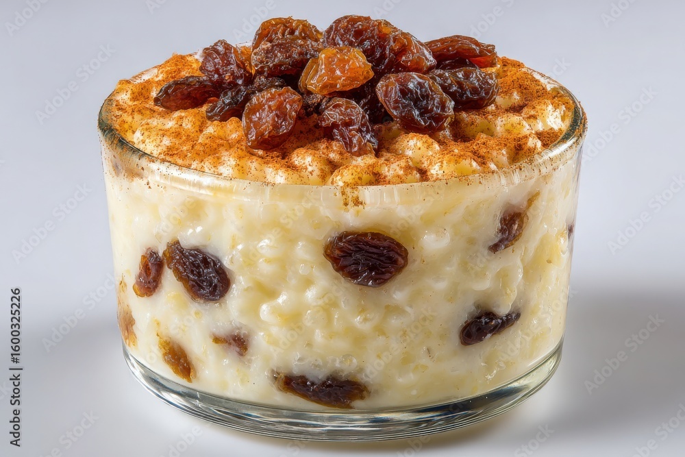 A delicious bowl of creamy rice pudding features a generous layer of raisins sprinkled with cinnamon on top. The dessert is served in a clear glass bowl, highlighting its texture.
