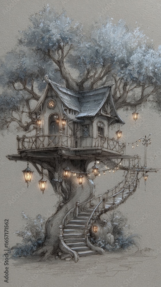A delightful treehouse ascends from a sturdy trunk, surrounded by lush leaves. Soft light illuminates the structure and stairs, creating a magical ambiance in a serene outdoor setting.
