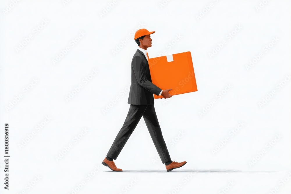 A delivery worker in formal attire strides confidently while holding an orange package. The background is minimalistic, emphasizing the focused movement.