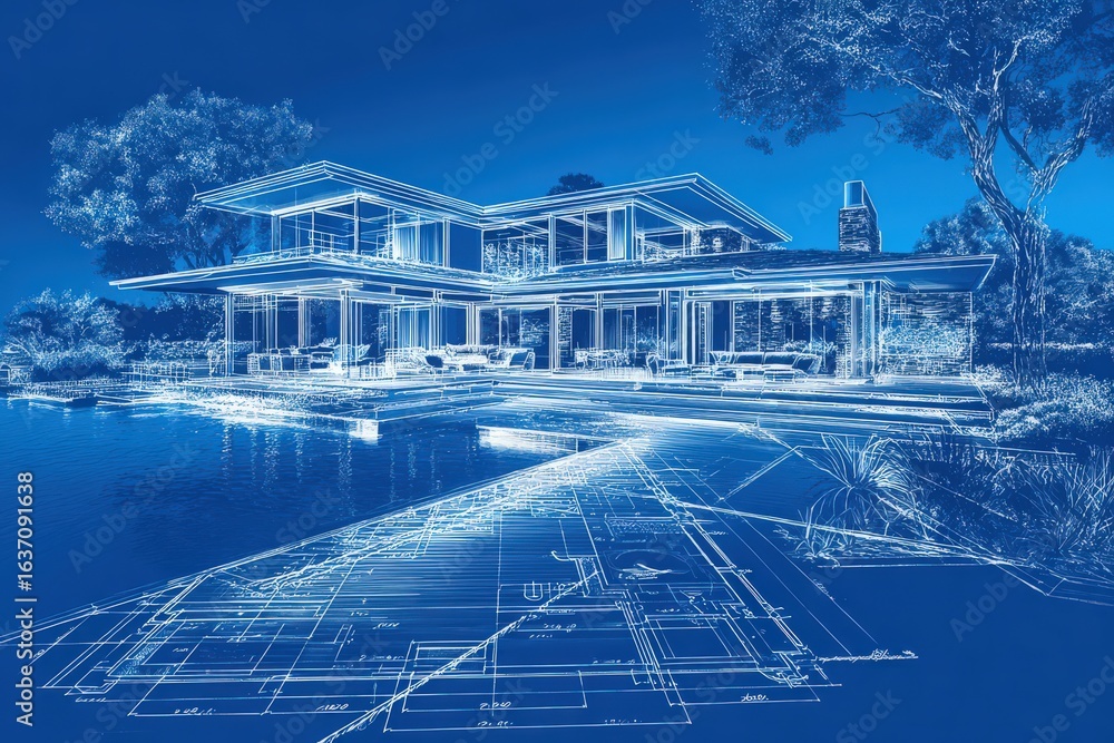 A detailed architectural blueprint outlines a modern house by a pool, showcasing large glass windows and spacious outdoor areas. The design illustrates contemporary living in a serene setting.