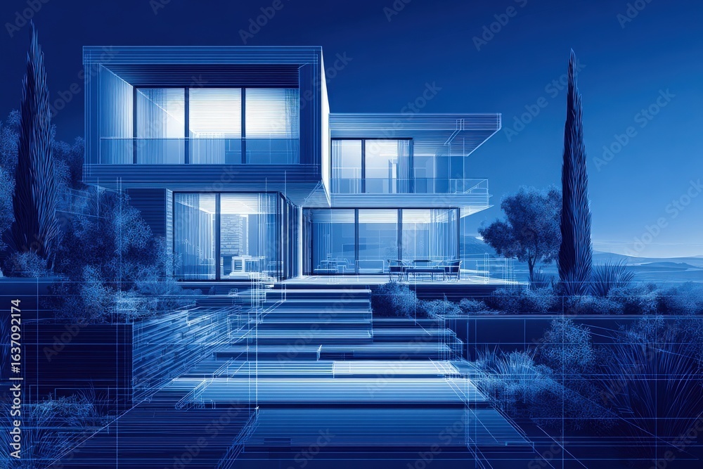 A detailed blueprint illustrates a contemporary home with large windows and a striking facade.
