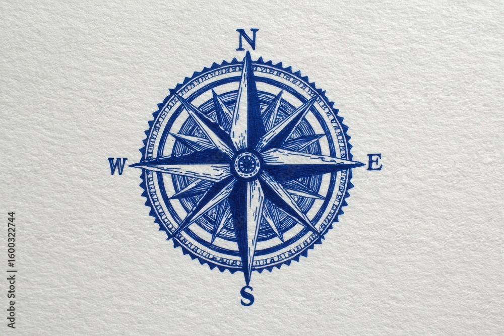 A detailed compass design featuring four cardinal points marked clearly. The compass is drawn in deep blue ink, set against a light, textured background, creating a classic look.