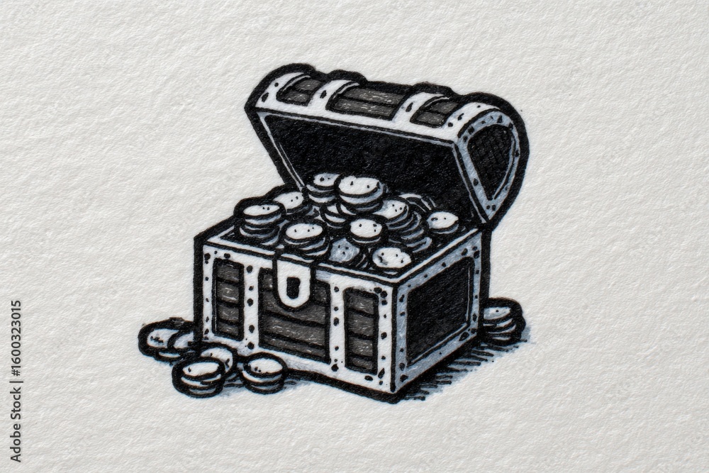 A detailed illustration of an open treasure chest filled with numerous coins, resting on textured paper. The chest is ornate, evoking a sense of adventure and mystery.