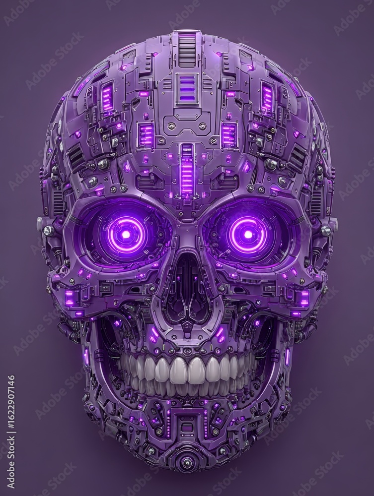 A detailed robotic skull features an array of circuits and metallic surfaces, illuminated by glowing purple lights.