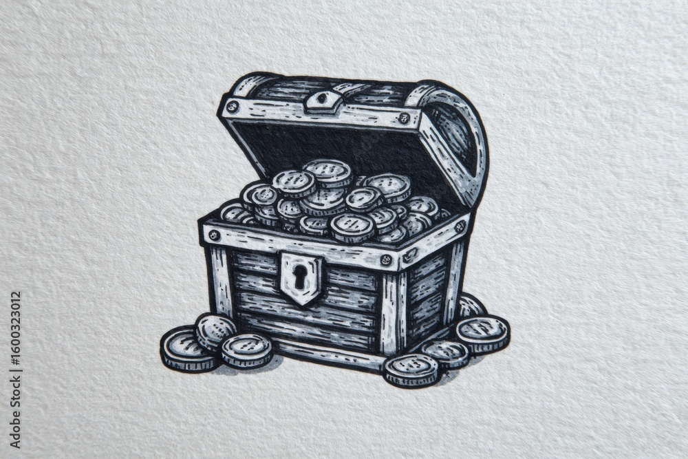 A detailed sketch of a treasure chest overflowing with coins is displayed on textured paper. The chest is open, revealing its contents, while coins surround the base, creating a vibrant scene.