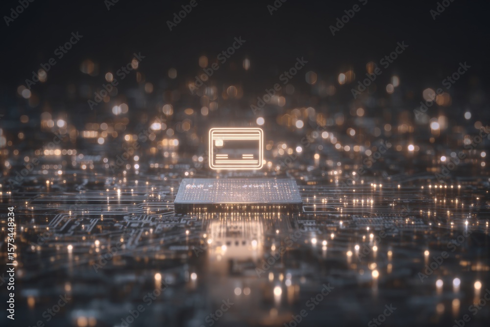 A detailed view of a microchip surrounded by intricate circuits illuminated with soft lights. The scene captures the essence of modern technology and innovation in electronics design during nighttime.