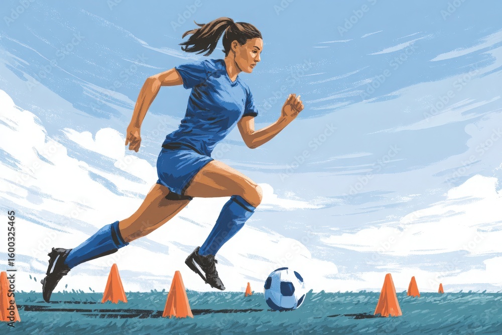 A determined female soccer player runs towards a soccer ball while navigating orange training cones. The scene is set under a clear blue sky, showcasing her athleticism and focus on skill development.