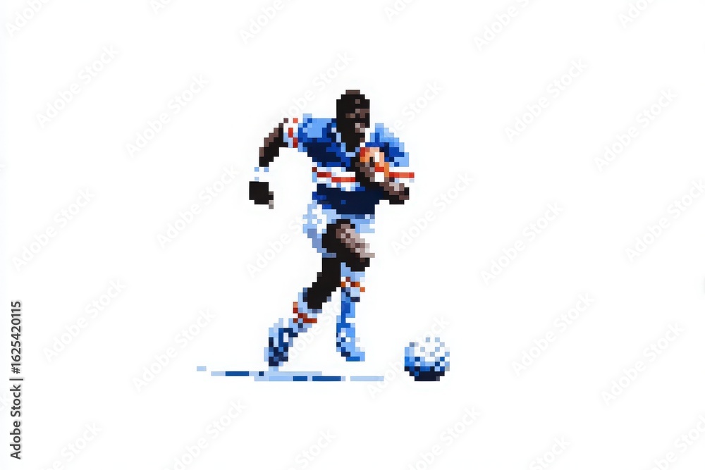 A digital artwork features a pixelated soccer player in a blue uniform with red and white stripes, skillfully dribbling a ball across a plain white background.