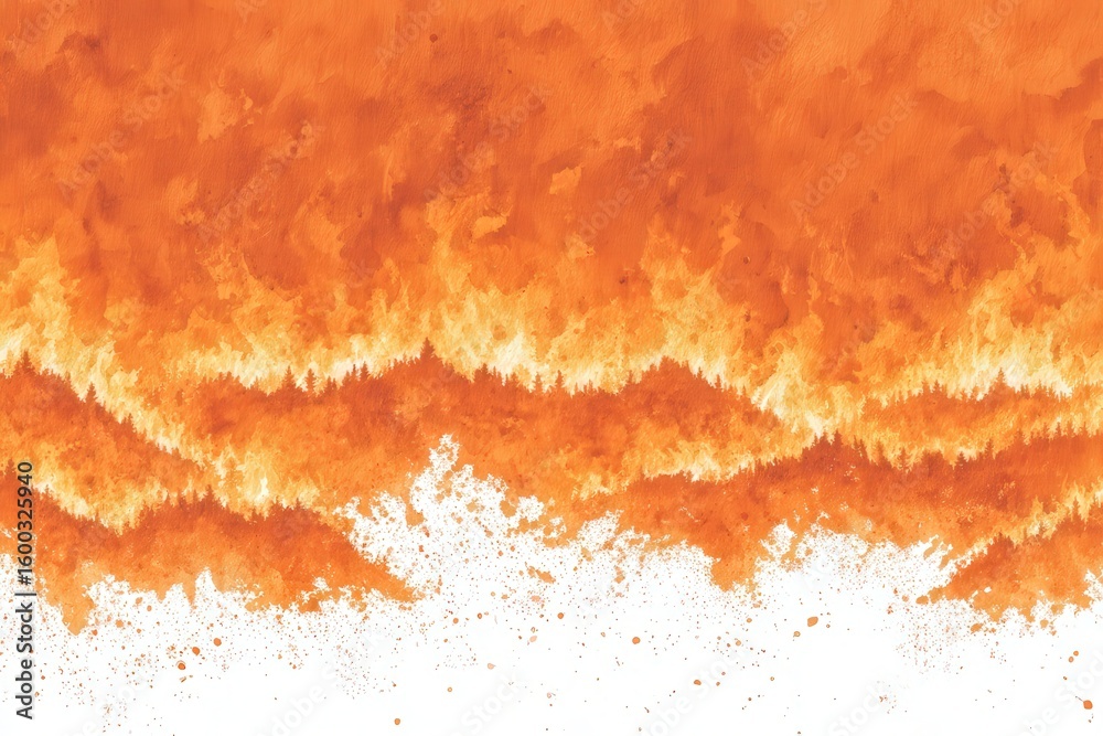 A dramatic landscape showcases a forest engulfed in flames, with vivid orange and yellow hues reflecting the intensity of the fire. Dark tree silhouettes contrast against the fiery backdrop.