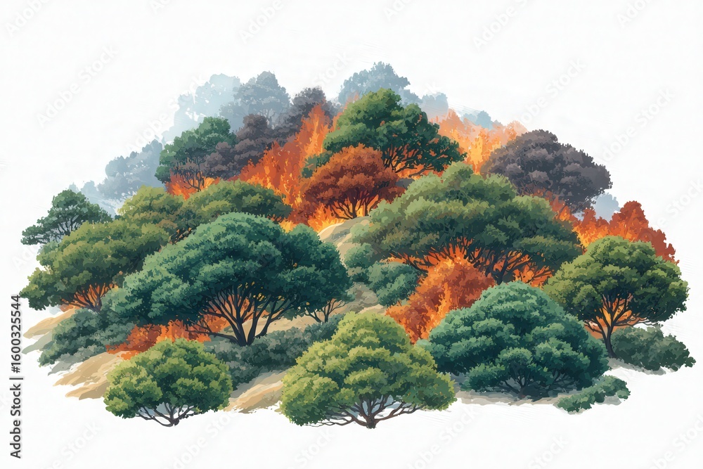 A fierce blaze engulfs a hill covered in vibrant trees, contrasting the lush greenery with flames. Smoke billows as the fire spreads through the forest, altering the serene landscape dramatically.