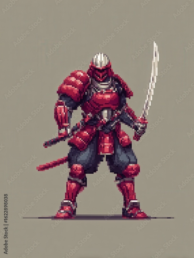 A fierce warrior stands confidently, clad in vibrant red armor. Featuring intricate details, the character wields a katana and is poised for battle, capturing the essence of retro video game art.