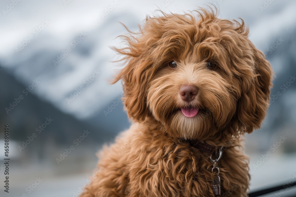 A fluffy brown dog sits joyfully, tongue out, amidst a scenic landscape of mountains. The wind tousles its fur, creating a lively atmosphere perfect for outdoor adventures.