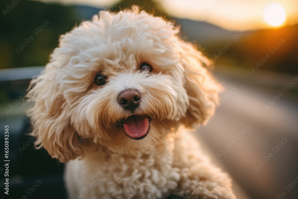 A fluffy dog with curly fur leans out of a car window, joyfully experiencing the warm sunset breeze. The scenic landscape fades softly in the background, creating a serene atmosphere.
