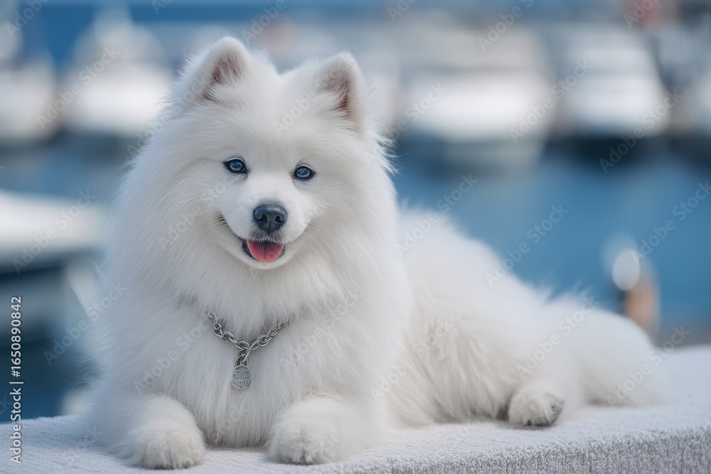 A fluffy white dog with a cheerful expression lounges comfortably on a stone surface. The background features blurred boats in a marina on a sunny day, creating a lively atmosphere.