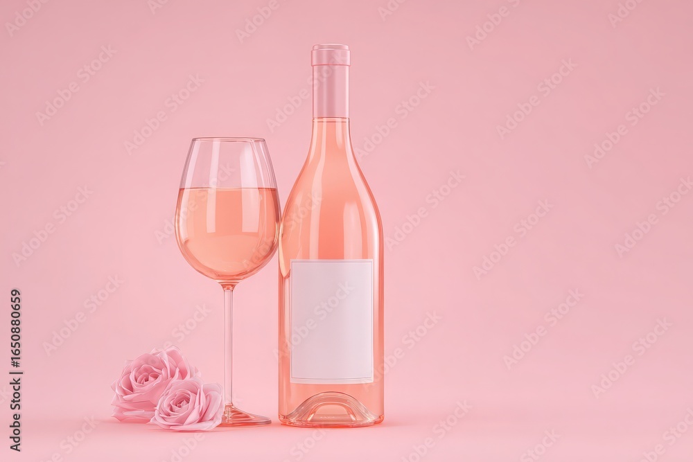 A glass of rose wine sits beside a bottle on a soft pink background, accompanied by two delicate pink roses, evoking a romantic and inviting atmosphere perfect for celebrations.