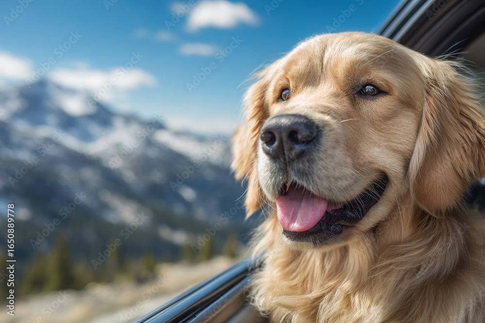 A golden retriever looks out of a car window, enjoying the fresh air while surrounded by stunning mountainous scenery. The sky is bright and clear, creating a joyful atmosphere.
