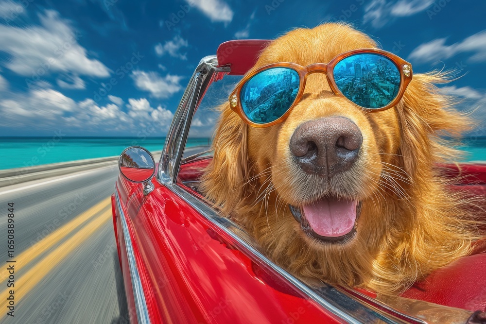 A golden retriever wearing sunglasses smiles while riding in a red convertible. The car is cruising along a coastal road with clear blue ocean waters and bright, sunny skies.