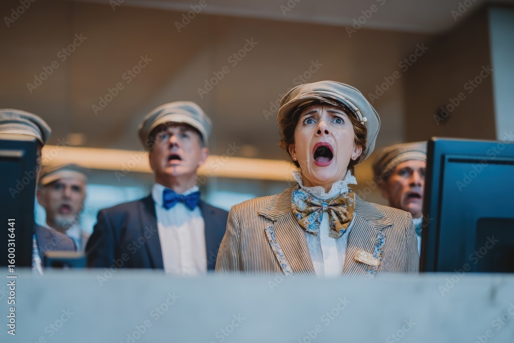 A group of performers dressed in vintage uniforms stands in a modern lobby, singing with enthusiasm. Their expressions are filled with emotion as they engage the audience around them.
