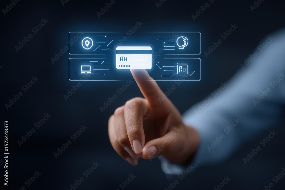 A hand reaches out to a holographic interface displaying digital payment options, showcasing modern technology in finance. The setting appears sleek and futuristic, emphasizing innovation.