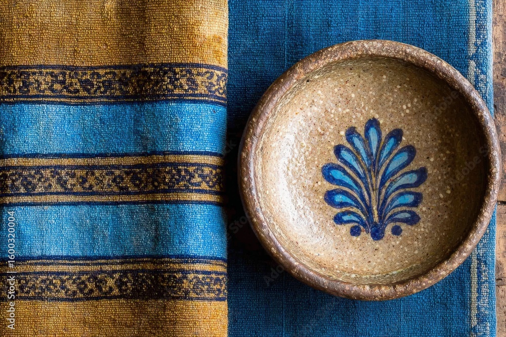 A handcrafted ceramic bowl rests on a vibrant blue and gold textile. The bowl features an intricate blue floral design. The setting highlights the artistry of traditional craftsmanship.