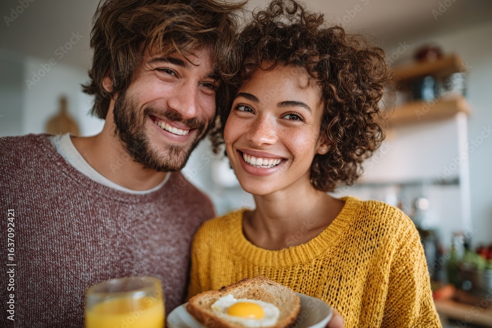 A happy couple stands in their cozy kitchen, holding a plate with toast and a sunny-side-up egg. The warm atmosphere reflects their joy during this breakfast moment.