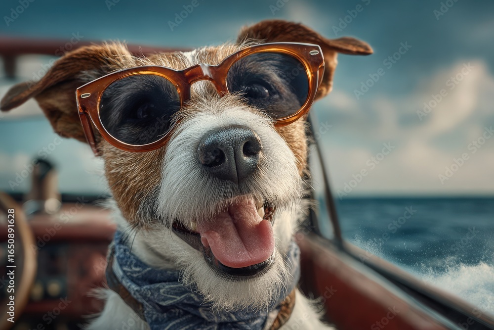 A happy dog with sunglasses and a bandana sits on a boat, enjoying the fresh breeze and scenic view of the water under a bright sky. The playful expression captures pure joy.