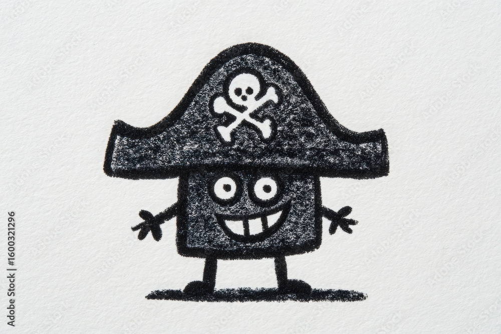 A happy pirate character features a large hat with a skull and crossbones. The character has a friendly smile and cartoonish style.