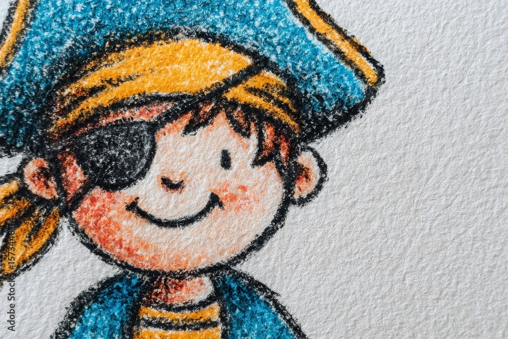 A happy pirate character with a blue hat, orange bandana, and eyepatch grins joyfully. This vibrant illustration captures the spirit of adventure and playfulness in a child-friendly artistic style.