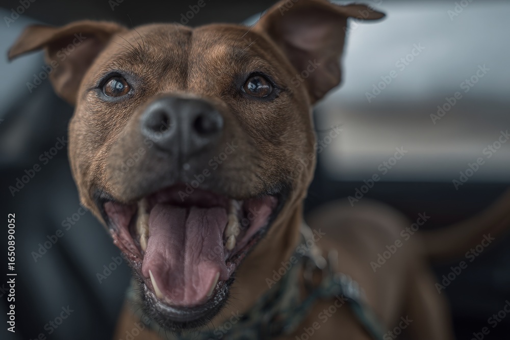 A joyful brown dog with a wide-open mouth and bright eyes sits in a car, enjoying the breeze. The vehicle interior is dark, creating a cheerful contrast with the gray sky outside.