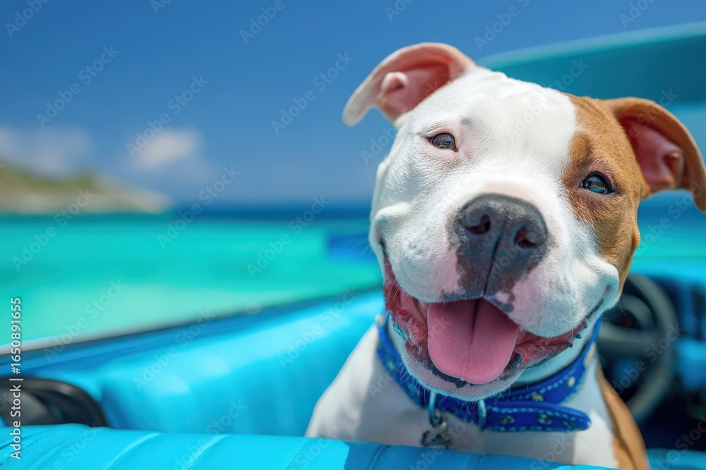 A joyful dog with a brown and white coat sits in a boat, smiling widely while the turquoise sea glistens under the bright sun. The background features a clear sky and distant land.