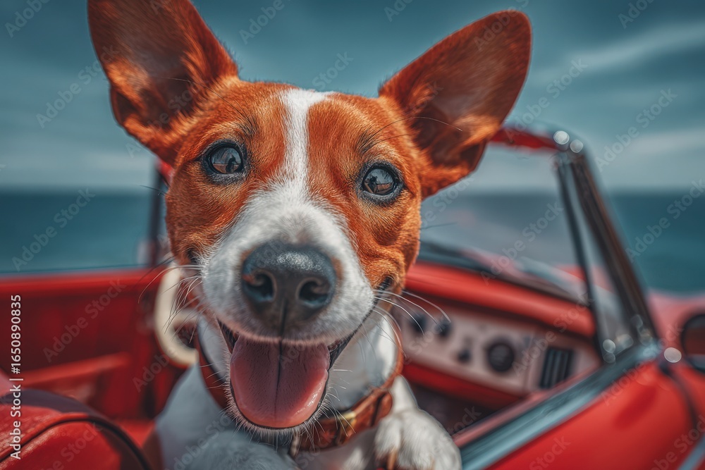 A joyful dog with a brown and white coat sits in a red convertible with its ears flapping in the wind. The scenic ocean view and bright sky enhance the cheerful atmosphere.