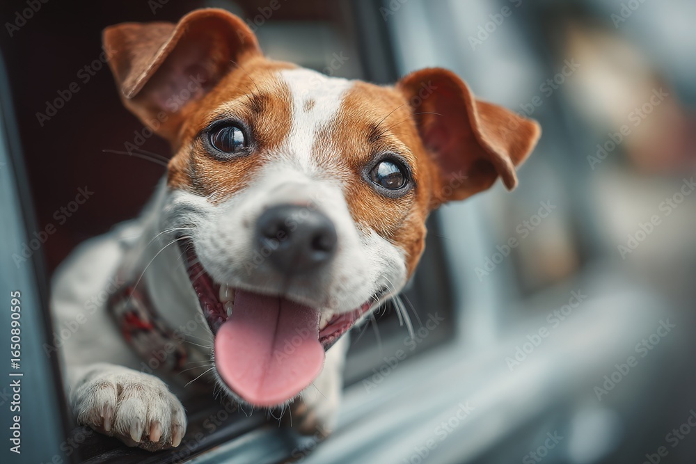 A joyful dog with a brown and white coat sticks its head out of a car window, tongue out, relishing the breeze. The bright day adds to the cheerful atmosphere of the moment.