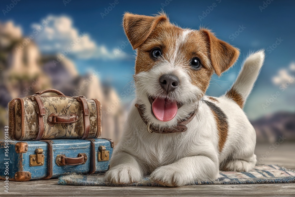 A joyful puppy lies on a striped rug next to vintage luggage, grinning widely. The landscape features mountains and a bright sky, suggesting an adventure awaits.