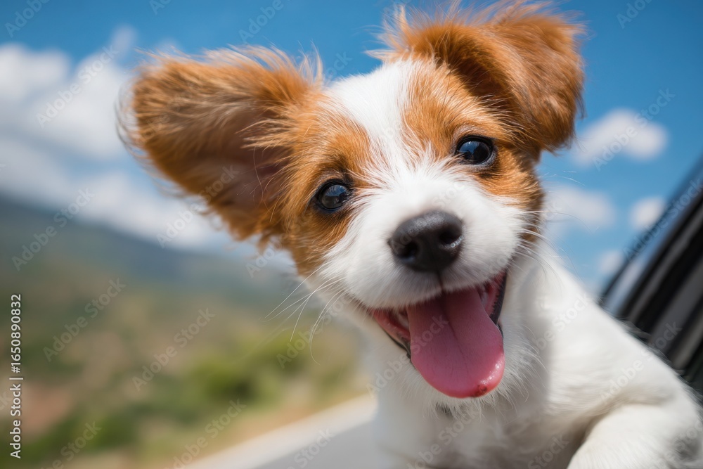 A joyful puppy sticks its head out of a car window, ears flapping in the wind. The dog has a playful demeanor, showcasing excitement with its tongue out while vibrant skies surround it.