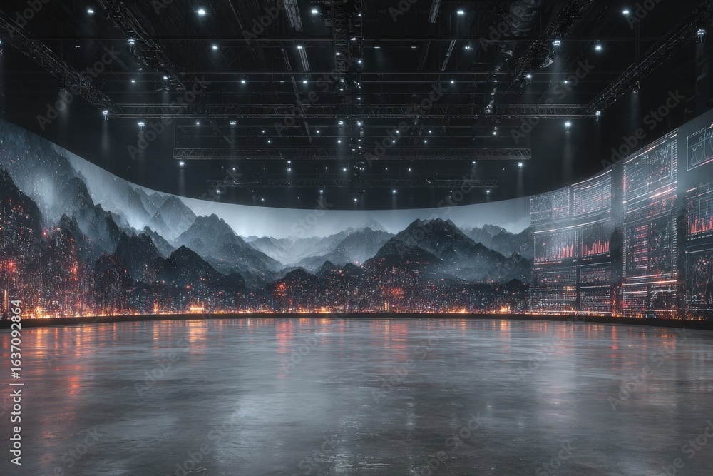 A large venue features a panoramic digital display of mountain landscapes illuminated by city lights. The modern space has a polished floor, highlighting advanced technology in a captivating setting.