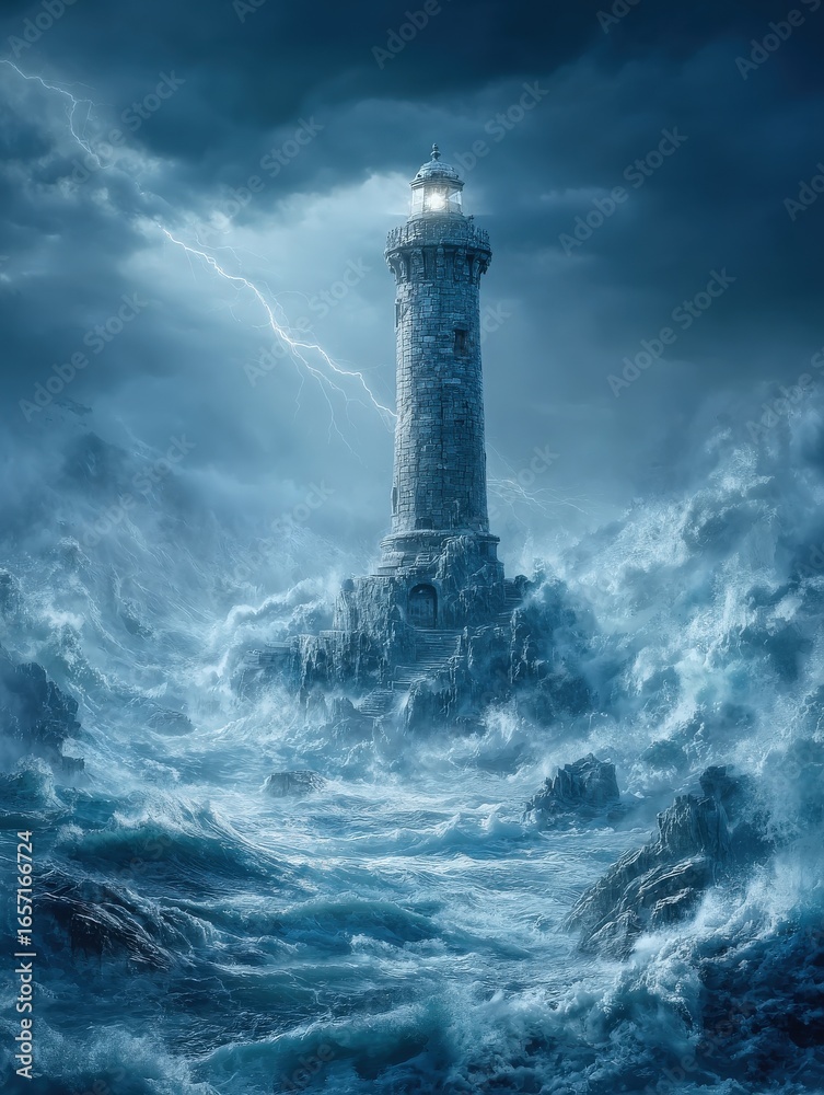 A lighthouse stands resilient against fierce waves and lightning during a turbulent night. The lighthouses light cuts through the darkness, guiding ships through the storm.