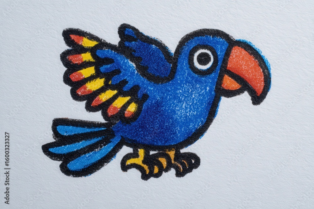 A lively cartoon bird with bright blue feathers and orange accents is depicted in a playful pose. It features large eyes and is illustrated with bold outlines, showcasing a whimsical design.