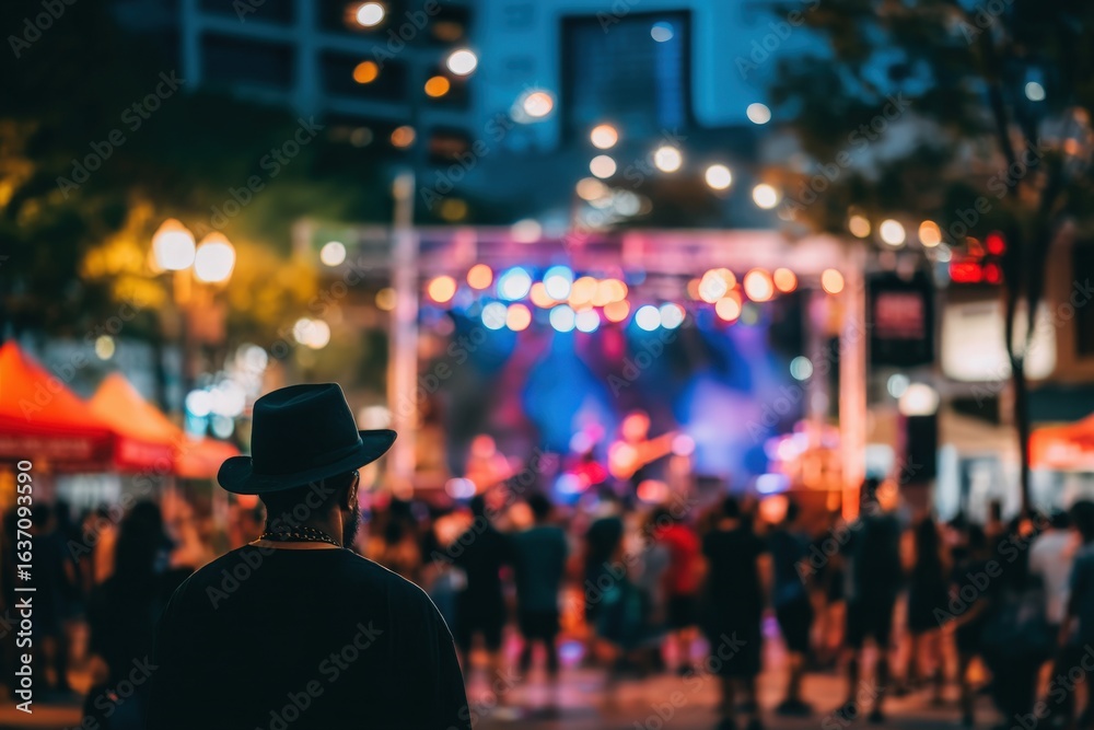A man wearing a hat stands in the foreground, watching a vibrant music festival at night. The stage lights create a lively atmosphere with a cheering crowd enjoying the performance.
