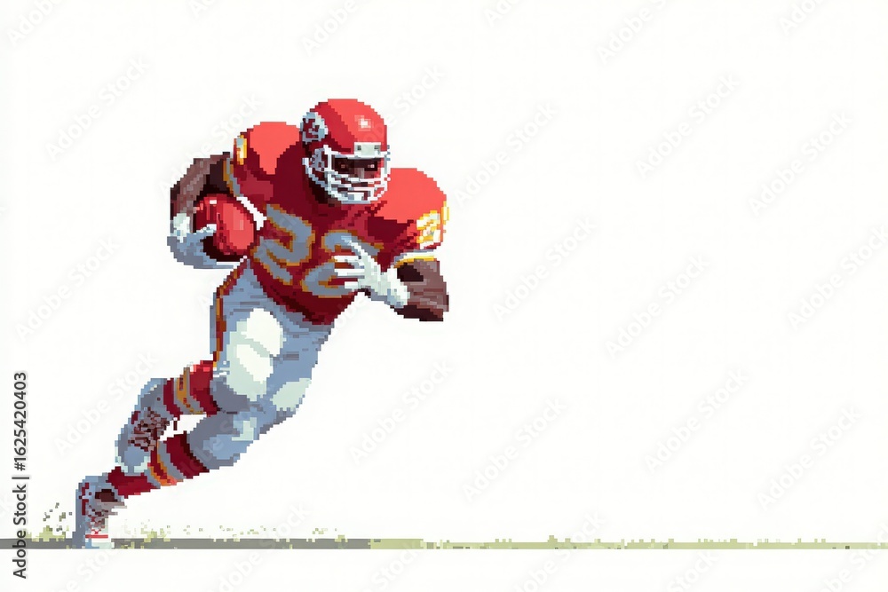 A muscular football player wearing a bright red jersey and white pants is sprinting across the field. His focus is intense as he eludes defenders during an exciting play.