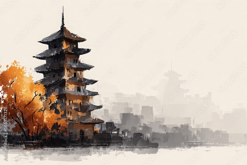 A pagoda stands majestically beside a tranquil water body, framed by vibrant autumn trees. The skyline is softly blurred, creating an ethereal atmosphere at dawn.