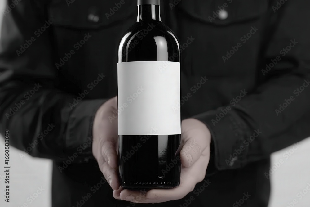 A person is holding a bottle of wine with a plain white label in both hands. The background is minimalistic, creating focus on the wine bottle and the individuals hands.