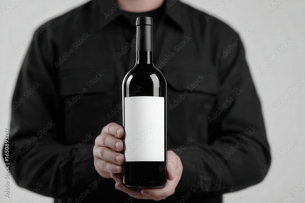A person is standing in a neutral studio environment, holding a wine bottle with a plain white label. The individual is dressed in dark clothing, focusing on the bottles details.