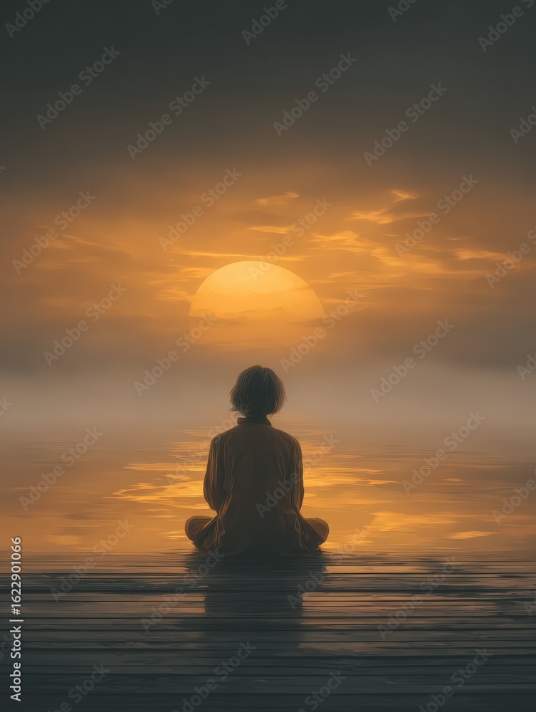 A person sits cross-legged on a wooden dock, facing a beautiful sunset reflecting on tranquil waters. The orange glow of the sun illuminates the misty surroundings, creating a peaceful atmosphere.