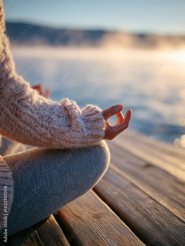A person sits in a meditative pose on a wooden dock beside a serene lake. The sun rises in the background, casting a warm glow and creating a tranquil atmosphere filled with mist.