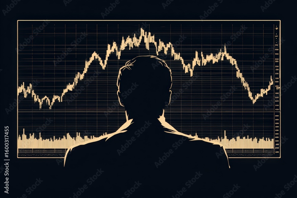 A person stands in front of a digital stock market chart, observing the rising and falling values of investments. The focus is on market analysis and data interpretation.