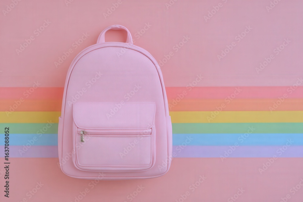 A pink backpack is centered against a pastel striped backdrop featuring soft rainbow colors. The backpack has a front pocket and a simple design, creating a casual aesthetic.
