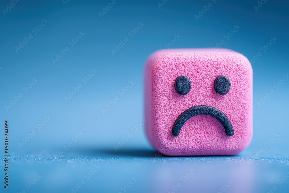 A pink cube featuring a sad face design rests on a smooth blue surface, illustrating a focus on emotional expression. The contrasting colors create a striking visual impact.